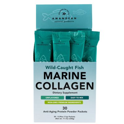 AMANDEAN Marine Collagen Peptides Powder Stick Packs. Wild-Caught Fish. 30 Single Use Individual Packets. Hair, Skin &amp; Nails. Non-GMO, Zero Carbs, Unflavored, High Bioavailability.