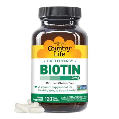 Country Life High-Potency Biotin 10mg - Vegan &amp; Gluten-Free Biotin Supplement for Skin &amp; Nails, Energy Metabolism - Biotin 10000mcg Capsules