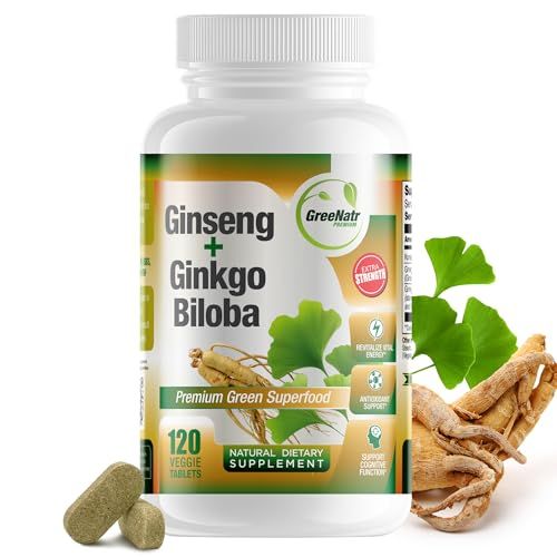 GreeNatr Ginko Biloba &amp; Panax Ginseng Supplement - Red Ginseng Brain Supplement for Memory and Focus - Ginkgo Biloba Supplements for Good Vision, Immune System and Improved Blood Flow - 120 Tablets