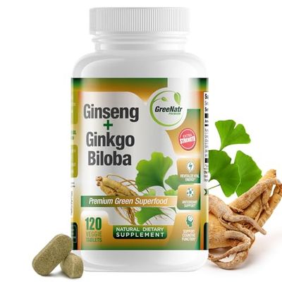 GreeNatr Ginko Biloba &amp; Panax Ginseng Supplement - Red Ginseng Brain Supplement for Memory and Focus - Ginkgo Biloba Supplements for Good Vision, Immune System and Improved Blood Flow - 120 Tablets