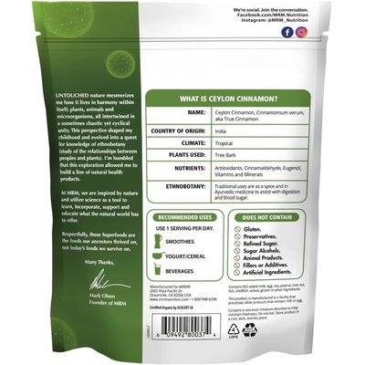 MRM Nutrition Organic Ceylon Cinnamon Powder | Superfoods | True cinnamon | Antioxidants | Heart health | Vegan + Gluten-free | 113 servings