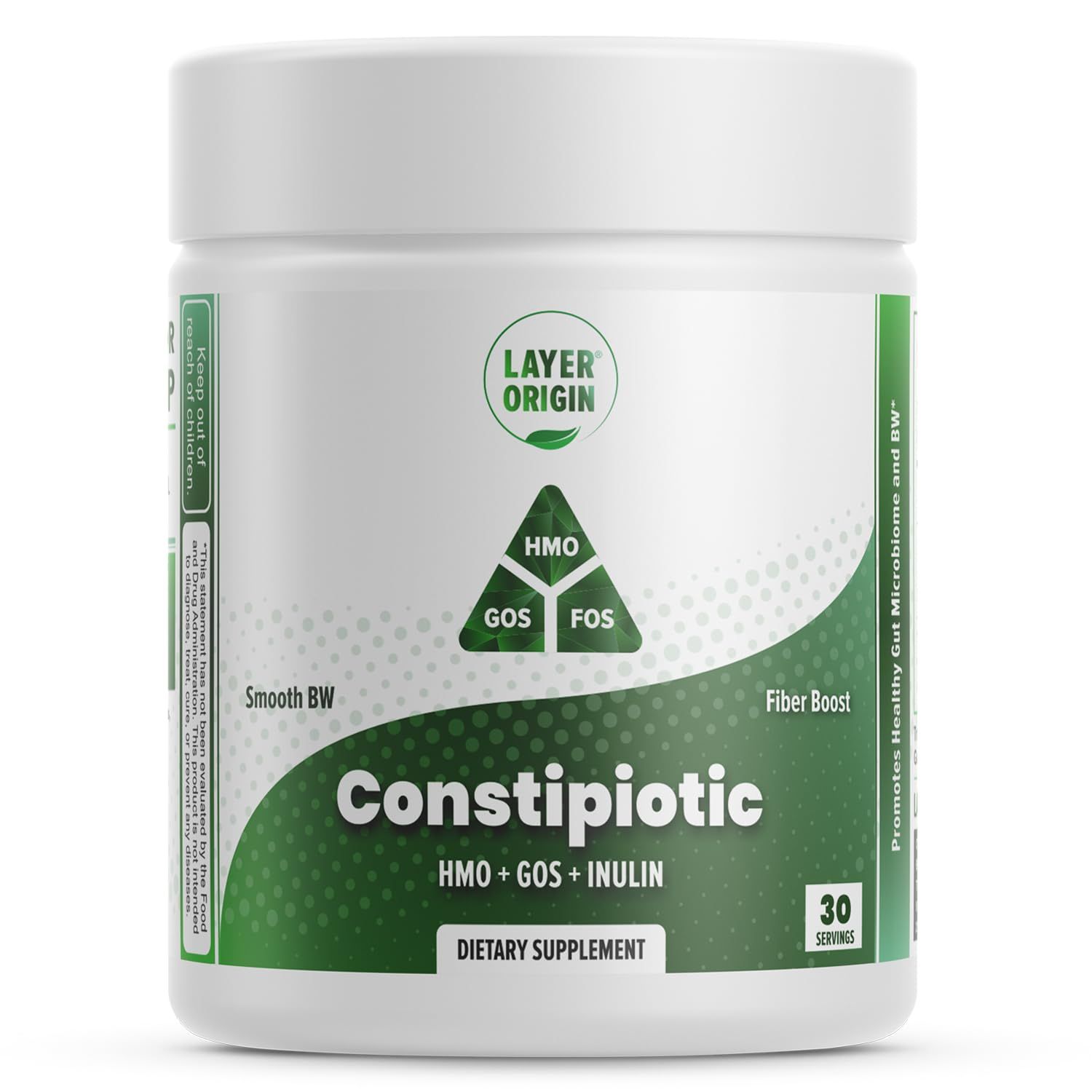 Layer Origin Constipiotic Prebiotic Fiber to Ease Bowel Movement and Support Regularity - 4.4 g Per Serving - HMO 2&#39;FL, GOS, Inulin FOS - 30-Day Supply - Unflavored, No Taste, Dissolve Easily