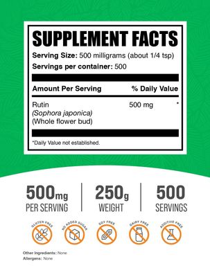 BulkSupplements.com Rutin Powder - from Sophora Japonica, Rutin Supplement, Rutin 500mg - Antioxidants Source, Soy Free, 500mg per Serving, 250g (8.8 oz) (Pack of 1)
