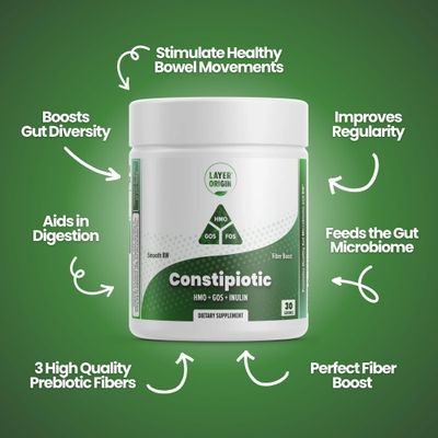 Layer Origin Constipiotic Prebiotic Fiber to Ease Bowel Movement and Support Regularity - 4.4 g Per Serving - HMO 2'FL, GOS, Inulin FOS - 30-Day Supply - Unflavored, No Taste, Dissolve Easily