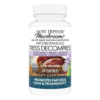Host Defense MycoBotanicals Stress Decompress* Capsules - Mushroom Supplement with Lemon Balm &amp; Ashwagandha Root - Relaxation Capsules with Reishi, Lion&#39;s Man &amp; Skullcap - 60 Capsules (30 Servings)*