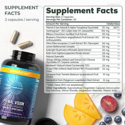 Primal Harvest Vision and Eye Support Complex with Lutein, Zeaxanthin Plus Vitamin E, Bilberry Extract, and Blueberry Extract for Overall Eye Health for Men and Women, 60 Capsules