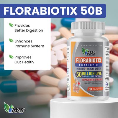 America Medic &amp; Science Florabiotix Probiotic (30 Capsules) | Dietary Supplement for Men and Women| 50 Billion Live Cultures | 10 Probiotic Strains | Supports Digestive and Immune Health