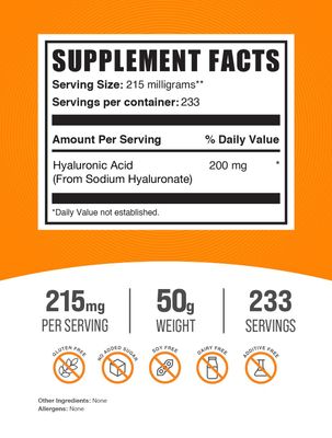BulkSupplements.com Hyaluronic Acid Powder - Hyaluronic Acid Supplements, Hyaluronic Acid 215mg - Hyaluronic Acid Food Grade, Gluten Free - 215mg per Serving, 50g (1.8 oz) (Pack of 1)