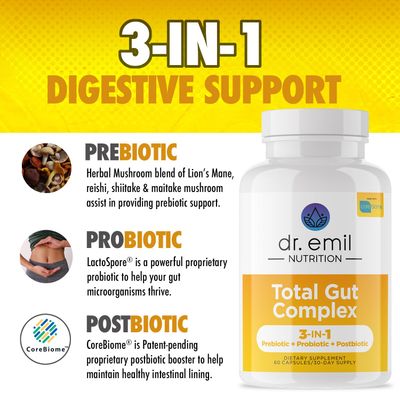 DR. EMIL NUTRITION Total Gut Health Complex - Prebiotic + Probiotic + Postbiotic Gut Health Supplements for Women and Men - Probiotics for Digestive Health & Gut Health, 60 Capsules
