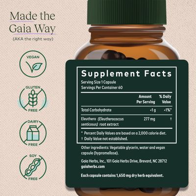 Gaia Herbs Eleuthero Root - Energy, Stamina &amp; Mental Endurance Support - Eleuthero Root (Siberian Ginseng) Adaptogen Herbal Supplement - 60 Vegan Liquid Phyto-Capsules (30-Day Supply)