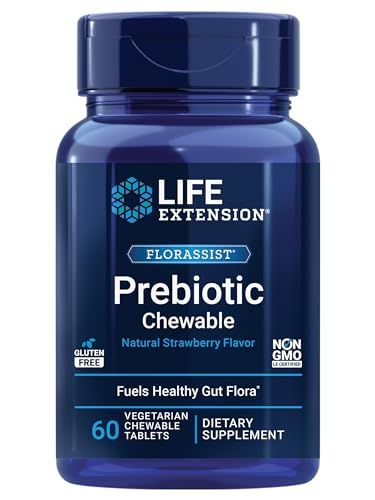 Life Extension FLORASSIST Prebiotic Chewable (Strawberry), 1000 mg xylooligosaccharides, prebiotic Supplement Provides Fuel for Gut Flora, Gluten-Free, Non-GMO, Vegetarian, 60 chewable Tablets