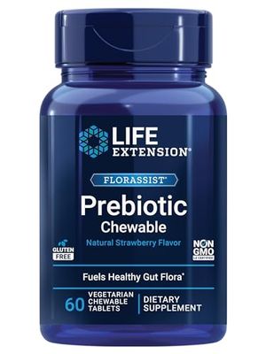 Life Extension FLORASSIST Prebiotic Chewable (Strawberry), 1000 mg xylooligosaccharides, prebiotic Supplement Provides Fuel for Gut Flora, Gluten-Free, Non-GMO, Vegetarian, 60 chewable Tablets