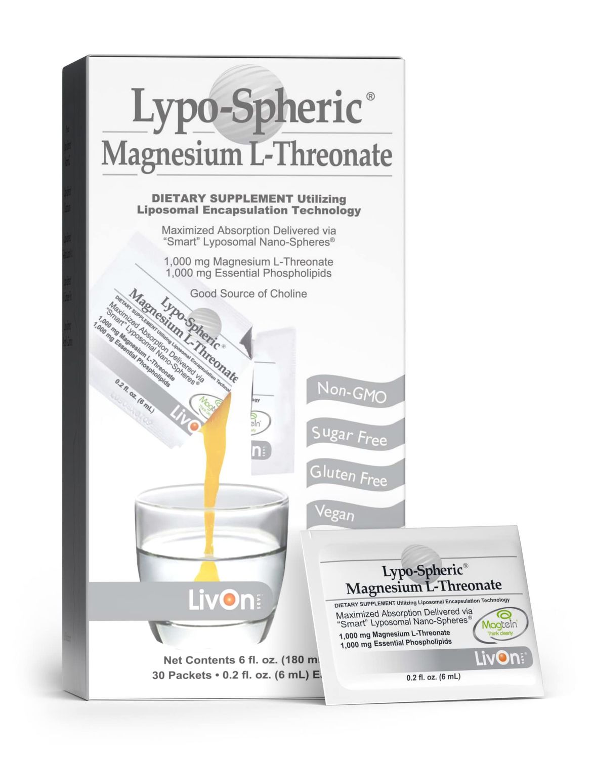 LivOn Laboratories Lypo-Spheric Magnesium L-Threonate - 30 Packets - 77mg Per Packet - Liposome Encapsulated for Maximum Bioavailability - Professionally Formulated - 100% Non-GMO