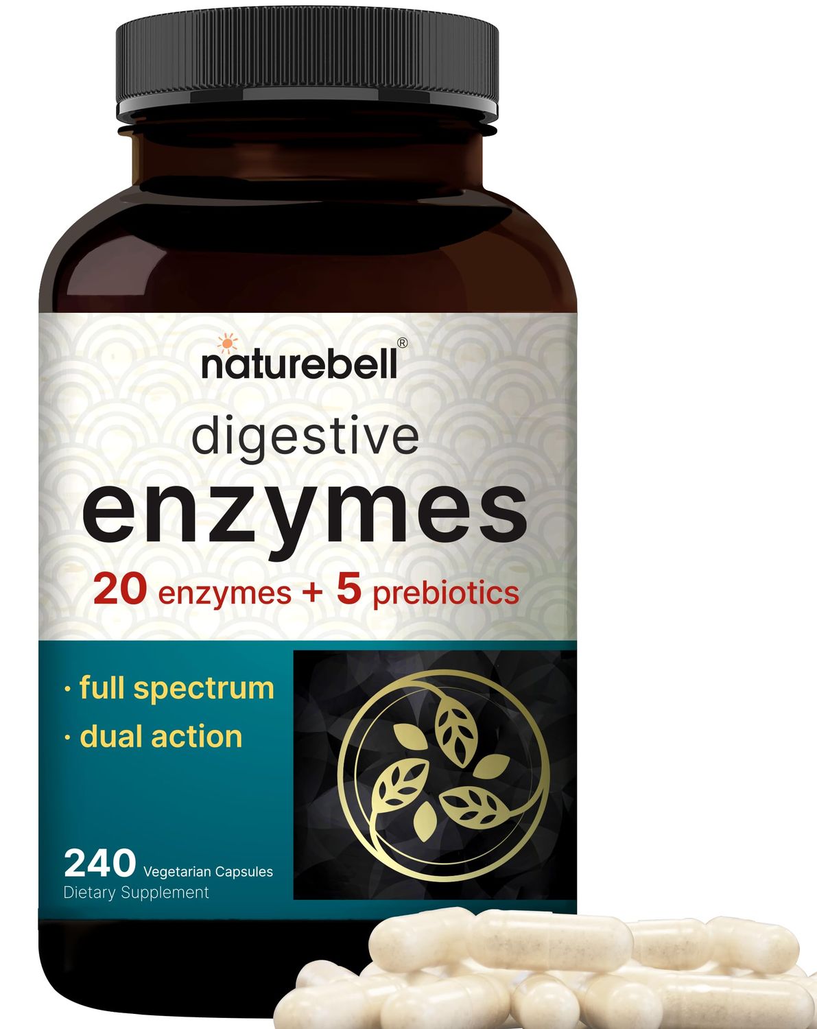 NatureBell Digestive Enzymes with Probiotics and Prebiotics, 240 Veggie Capsules | Gut &amp; Digestive Health Support - 20 Enzyme &amp; 5 Prebiotic Pancreatic Enzyme Complex | Non-GMO, Vegan Friendly