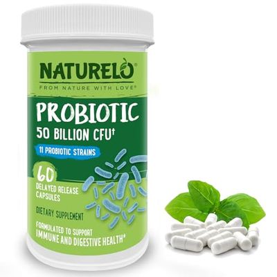 NATURELO Probiotics for Digestive Health - 50 Billion CFU, 11 Strains Daily Supplement - Boosts Immune System, Delayed Release, 60 Vegetarian Capsules