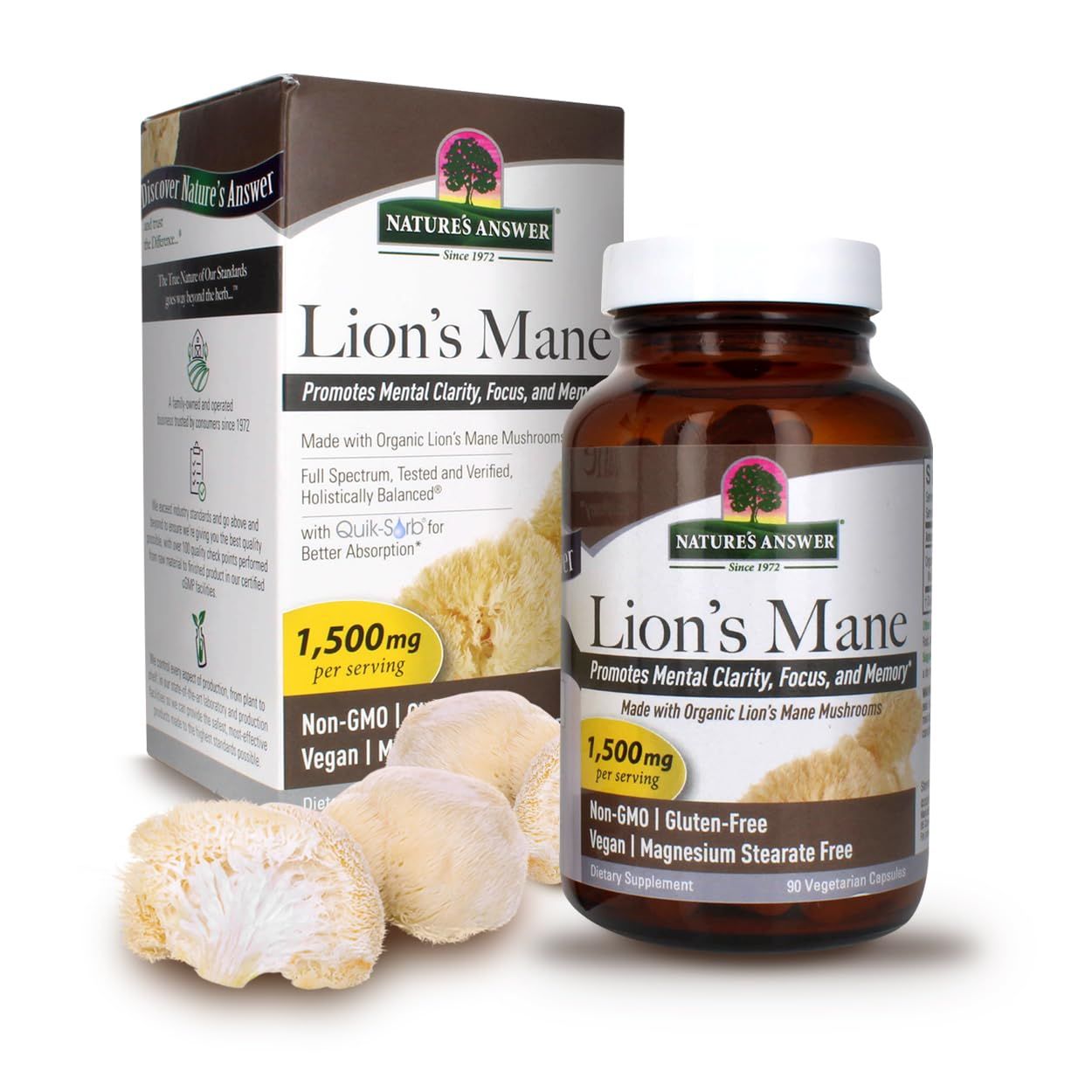 Nature&#39;s Answer Lions Mane Mushroom Powder 1500 mg 90-Capsules | Brain Mushroom Supplement | Promotes Focus, Memory, Mental Clarity | Vegan, Non-GMO | Single Count