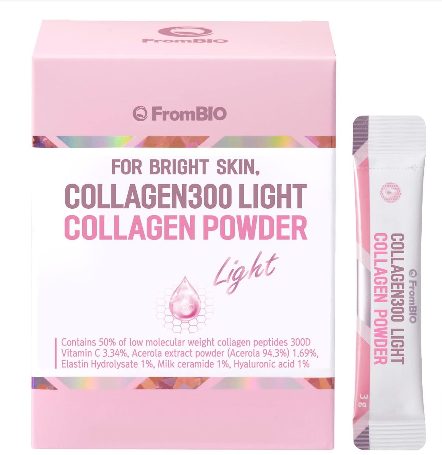 FromBIO for Bright Skin, Collagen 300 Light, Low Molecular Weight Fish Collagen Peptides 300D 1,500mg (28 Packets)