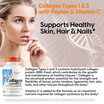 Doctor's Best Collagen Types 1 &amp; 3 with Peptan, Non-GMO, Gluten Free, Soy Free, Supports Hair, Skin, Nails, Tendons &amp; Bones, 1000 Mg, 540 Tablets
