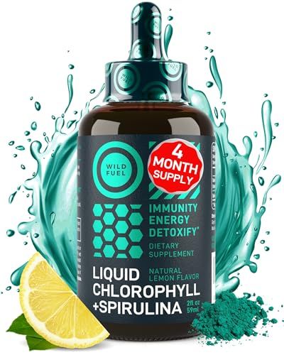 Liquid Chlorophyll Drops with Spirulina for Water - Full Strength Energy, Wellness, Immune Support Supplement - 50mg Chlorophyll Liquid, 12.5mg Spirulina - Lemon Flavor Detox Drink - 2oz, 118 Servings