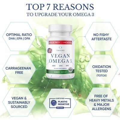 TAHIRO Vegan Omega-3 Softgels - Plant-Based Supplement with DPA, DHA &amp; EPA - Nutrients for Men, Women and Pregnant Women - Supports Brain Health - Prenatal &amp; Joint Supplements, 1000mg