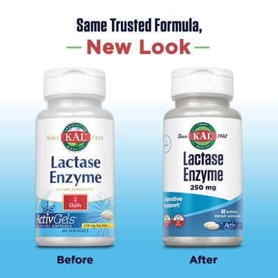 KAL Lactase Enzyme 250 mg, Healthy Digestion Support for Lactose Intolerance, Liquid-Filled ActivGels Made Without Soy, 250 FCC Units, 30 Servings, 60 SoftGels