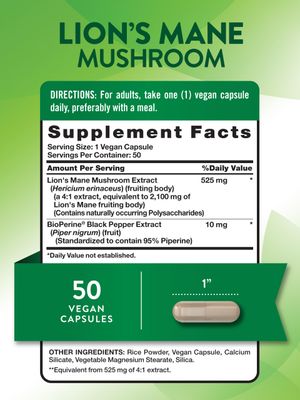 Nature's Truth Lions Mane Mushroom Supplement | 2100mg | 50 Capsules | with BioPerine | Vegan, Non GMO &amp; Gluten Free Supplement