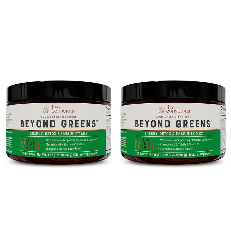 Live Conscious Beyond Greens Concentrated Superfood Powder - Matcha Flavor w/Chlorella, Echinacea, Probiotics for Immune Support &amp; Energy - 30 Servings (2-Pack)