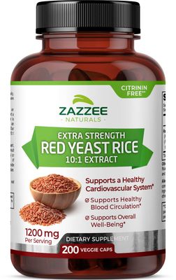 Zazzee Extra Strength Red Yeast Rice 10:1 Extract, 1200 mg, Citrinin Free, 200 Vegan Capsules, Over 3 Month Supply, Concentrated and Standardized 10X Extract, 100% Vegetarian, All-Natural and Non-GMO