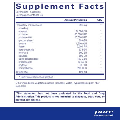 Pure Encapsulations Digestive Enzymes Ultra with Betaine HCl - Vegetarian Digestive Enzyme Supplement to Support Protein, Carb, Fiber, and Dairy Digestion* - 90 Capsules