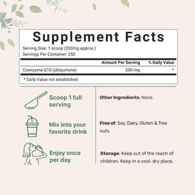 Micro Ingredients Water Soluble COQ10 Supplement (COQ10 200mg Per Serving in Powder Form), 50 Grams (8 Months Supply), Extra Absorption, Supports Heart and Energy Health, Vegan Friendly