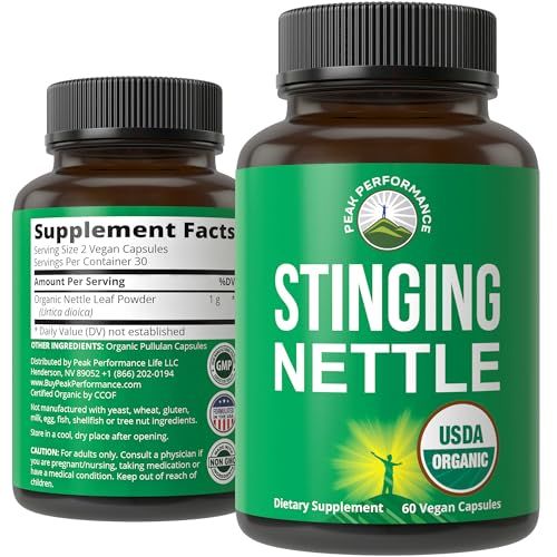 USDA Organic Stinging Nettle Vegan Capsules Made with Stinging Nettle Leaf Powder for Prostate, Hair Growth, Allergy. Better Than Root or Seed Extract. Plant Based Herb Supplement Tablets, 60 Pills