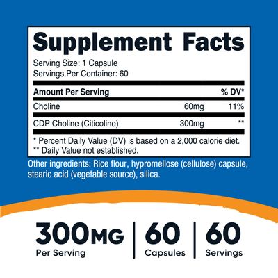 Nutricost CDP Choline (Citicoline) 300mg, 60 Vegetarian Capsules - Non-GMO, Vegetarian Friendly, Gluten Free