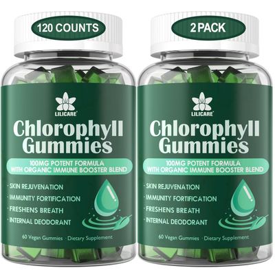 Sugar Free Chlorophyll Gummies - with Unfiltered ACV, Sea Moss &amp; Elderberry, Echinacea, Vitamin D3, C, E, B12 - Natural Deodorant, Breathe Fresh, Immune &amp; Digestion Support, Chlorophyll Chews 2Pack
