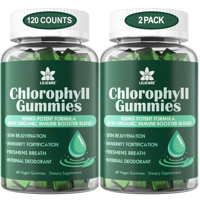 Sugar Free Chlorophyll Gummies - with Unfiltered ACV, Sea Moss &amp; Elderberry, Echinacea, Vitamin D3, C, E, B12 - Natural Deodorant, Breathe Fresh, Immune &amp; Digestion Support, Chlorophyll Chews 2Pack