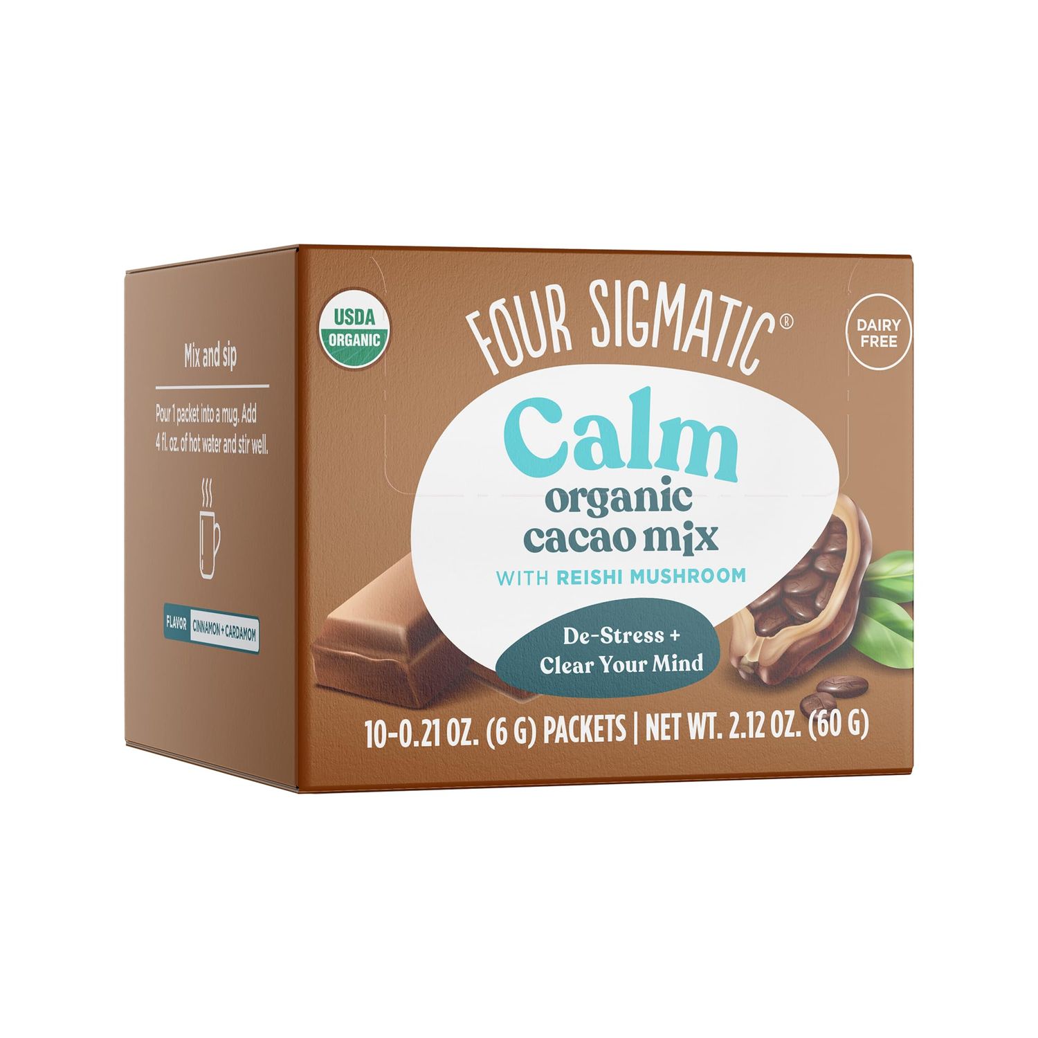 Four Sigmatic Calm Mushroom Cacao Mix | Organic Instant Cacao with Organic Reishi Mushroom Powder | Supports Calm &amp; Relaxation | Drink it or Bake with it | Vegan, Gluten-Free, Dairy-Free | 10 Count