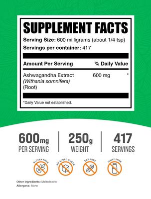BulkSupplements.com Ashwagandha Root Extract Powder - Ashwagandha Supplement, Ashwagandha Powder - from Ashwagandha Root - Vegan &amp; Gluten Free, 600mg per Serving, 250g (8.8 oz) (Pack of 1)