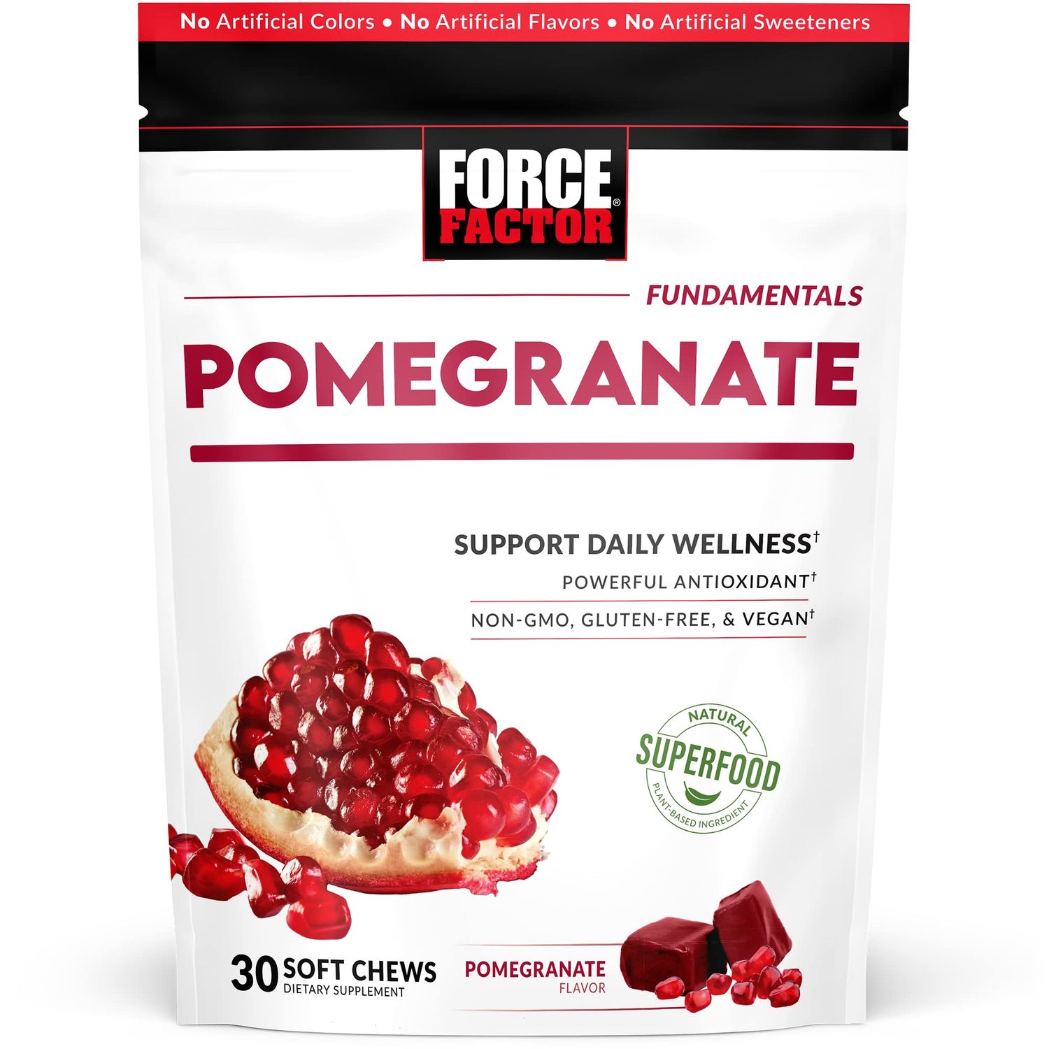 Force Factor Pomegranate Soft Chews for Healthy Aging, Heart Health, Bone Health, &amp; Brain Health, Superfood &amp; Antioxidants Supplement, Non-GMO, Gluten-Free, Vegan, Pomegranate Flavor, 30 Soft Chews