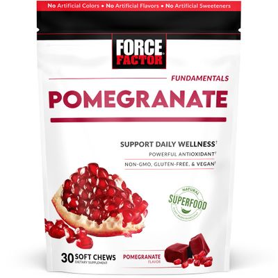 Force Factor Pomegranate Soft Chews for Healthy Aging, Heart Health, Bone Health, &amp; Brain Health, Superfood &amp; Antioxidants Supplement, Non-GMO, Gluten-Free, Vegan, Pomegranate Flavor, 30 Soft Chews