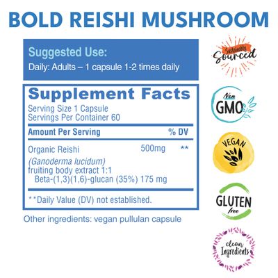 Bold Botanica Reishi Mushroom Capsules - 100% Fruiting Body - Concentrated Organic Reishi Extract for Immune Support &amp; Core Wellness - No Mycelia &amp; No Grain - 60 Vegan Capsules