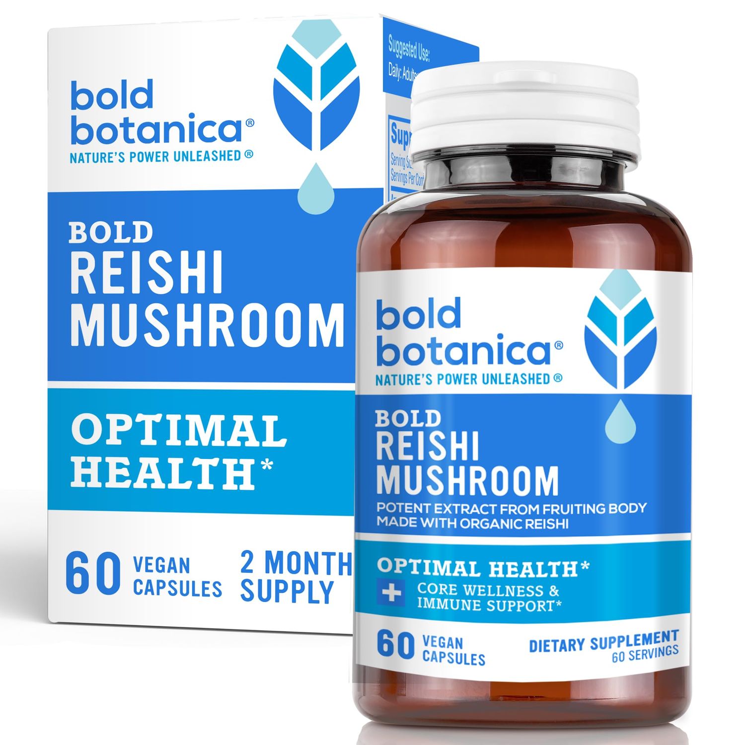 Bold Botanica Reishi Mushroom Capsules - 100% Fruiting Body - Concentrated Organic Reishi Extract for Immune Support &amp; Core Wellness - No Mycelia &amp; No Grain - 60 Vegan Capsules