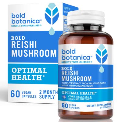 Bold Botanica Reishi Mushroom Capsules - 100% Fruiting Body - Concentrated Organic Reishi Extract for Immune Support &amp; Core Wellness - No Mycelia &amp; No Grain - 60 Vegan Capsules