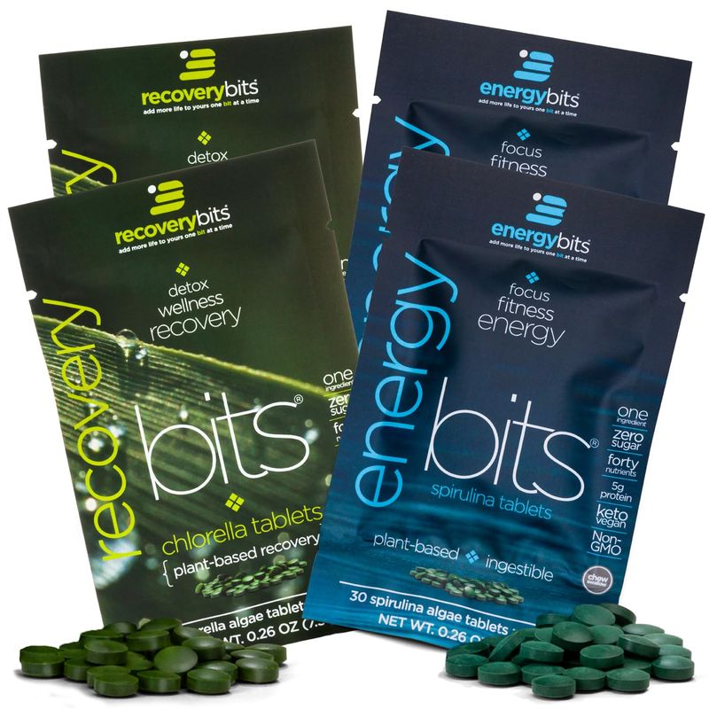 ENERGYbits/RECOVERYbits - Organic Spirulina &amp; Chlorella Tablets - Single Serving Sample Packs - Algae Superfood - High Protein, Chlorophyll - Self Care - Vegan, Keto, Gluten Free - 4 Bags, 30/Bag
