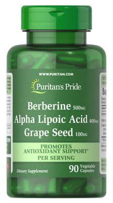 Puritan&#39;s Pride Berberine, Alpha Lipoic Acid &amp; Grape Seed, Promotes Antioxidant Support, 90 Vegetable Capsules