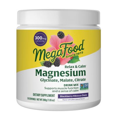 MegaFood Relax + Calm Magnesium Powder - Highly Absorbable Magnesium Glycinate, Magnesium Citrate &amp; Magnesium Malate - Without 9 Food Allergens - Blackberry Hibiscus Oasis - 7.05 Oz (50 Servings)