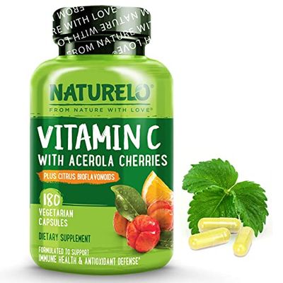 NATURELO Vitamin C with Organic Acerola Cherry Extract and Citrus Bioflavonoids - Vegan Supplement - Immune Support - 500 mg VIT C per Cap - Non-GMO - 180 Capsules