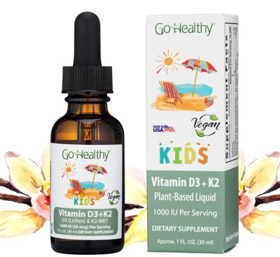 Go Healthy Vitamin D3 K2 (MK-7) All-Trans Drops for Kids - Easy-to-Absorb Vegan D Liquid, Children&#39;s Growth &amp; Immune Support, Gluten Free, Delicious Vanilla Flavor - 30 Servings
