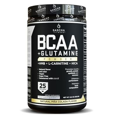 SASCHA FITNESS BCAA 4:1:1 + Glutamine, HMB, L-Carnitine, HICA | Powerful and Instant Powder Blend with Branched Chain Amino Acids (BCAAs) for Pre, Intra and Post-Workout | Natural Pia Colada,362.5g