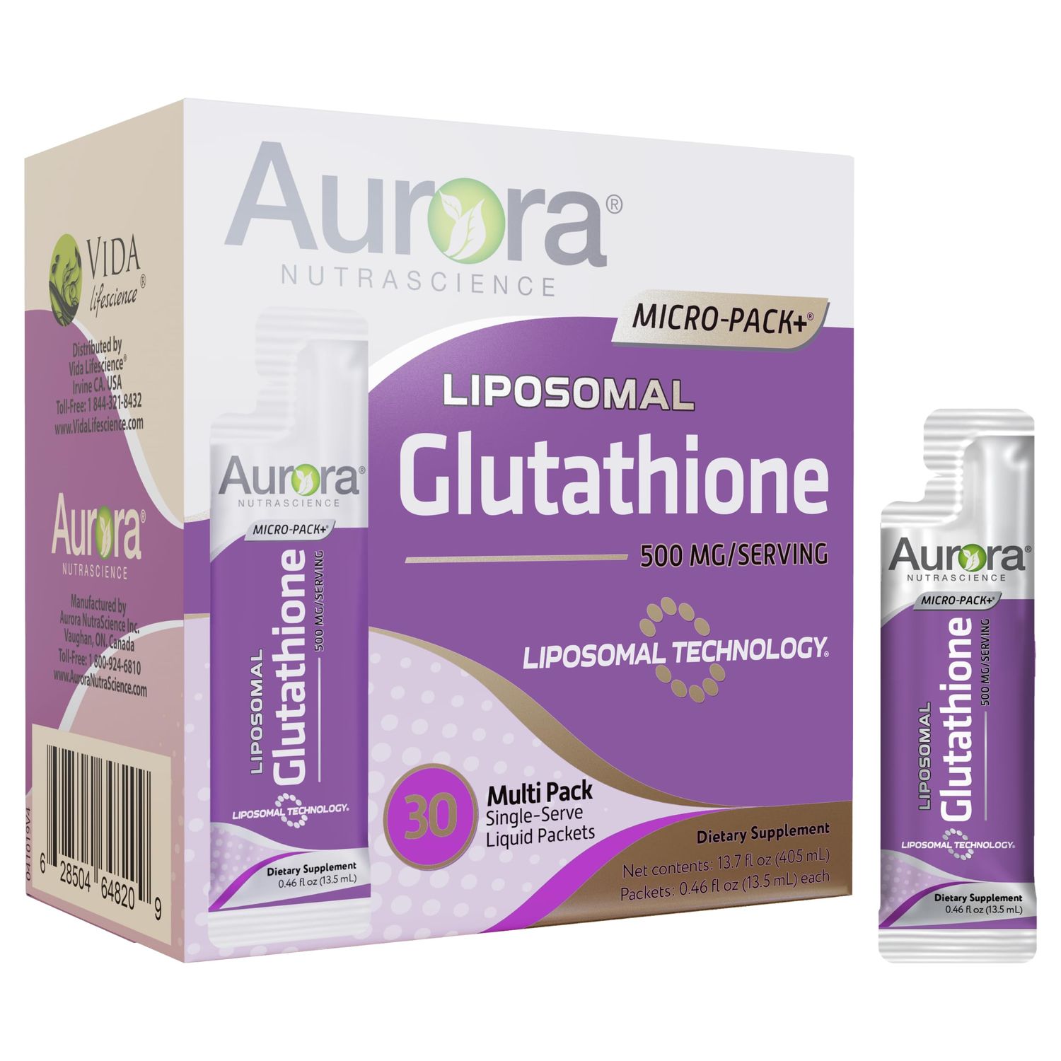 Aurora Nutrascience Micro-Pack Liposomal Glutathione, Immune System Support, Antioxidant, 500 mg per Serving, 30 Single-Serve Packets, Gluten Free, Non-GMO, Sugar-Free, 13.7 fl oz (405 mL)