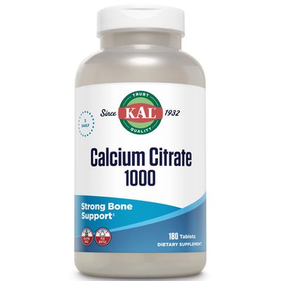 KAL Calcium Citrate 1000mg, Calcium Supplements for Women and Men, Bone Health, Teeth, Nervous, Muscular &amp; Cardiovascular System Support, Gluten Free and Lab Verified, 60 Servings, 180 Tablets