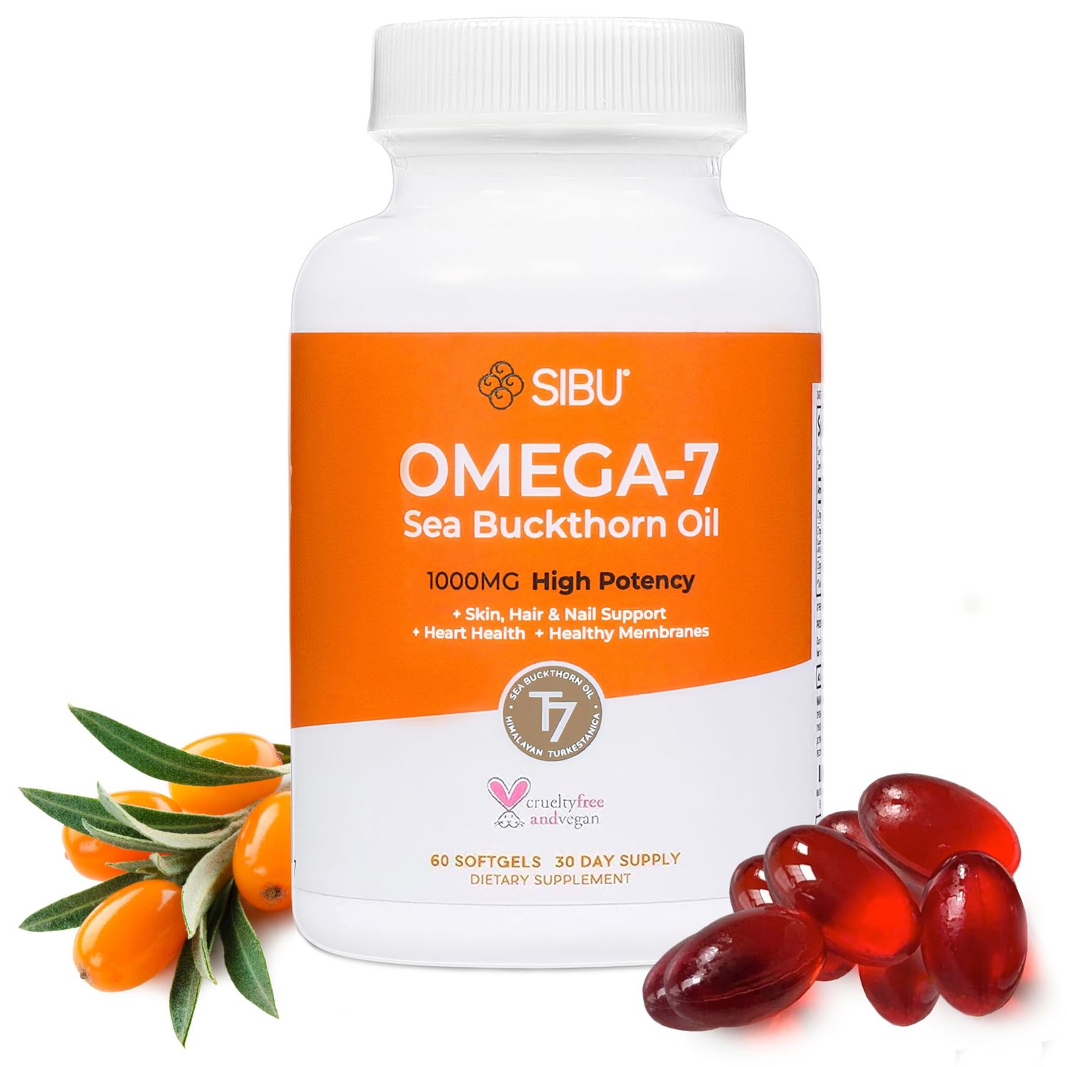 sibu Omega-7 Softgels, Premium Organic Himalayan Sea Buckthorn Oil (60ct, 30 Day Supply) - Supplement for Healthy Skin, Hair, Nails and Dryness